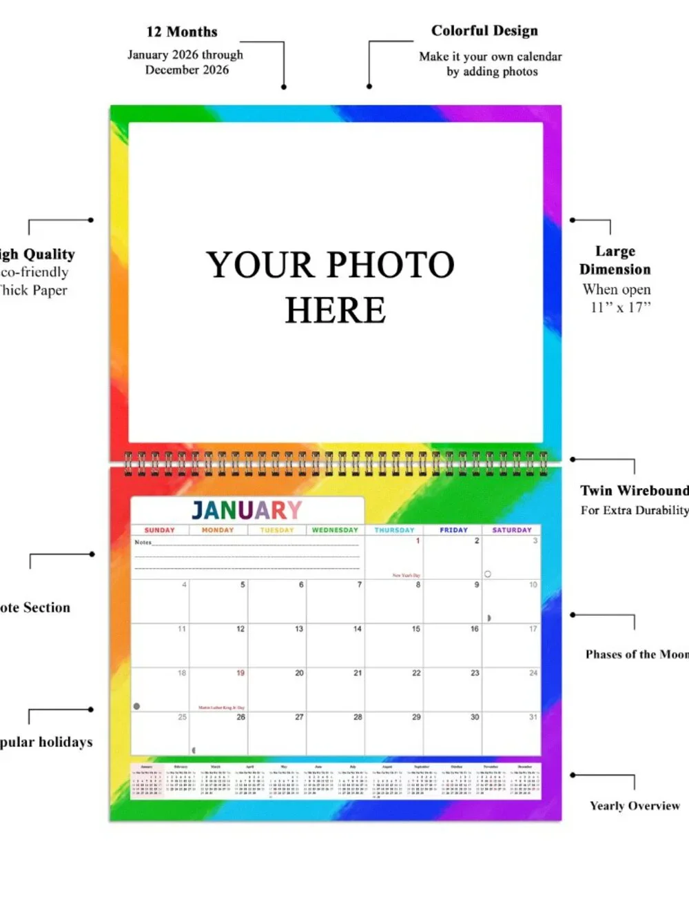 Personalized Custom 2027 Wall Calendar Spiral-bound - 12 Months. 11 x 8in. #014